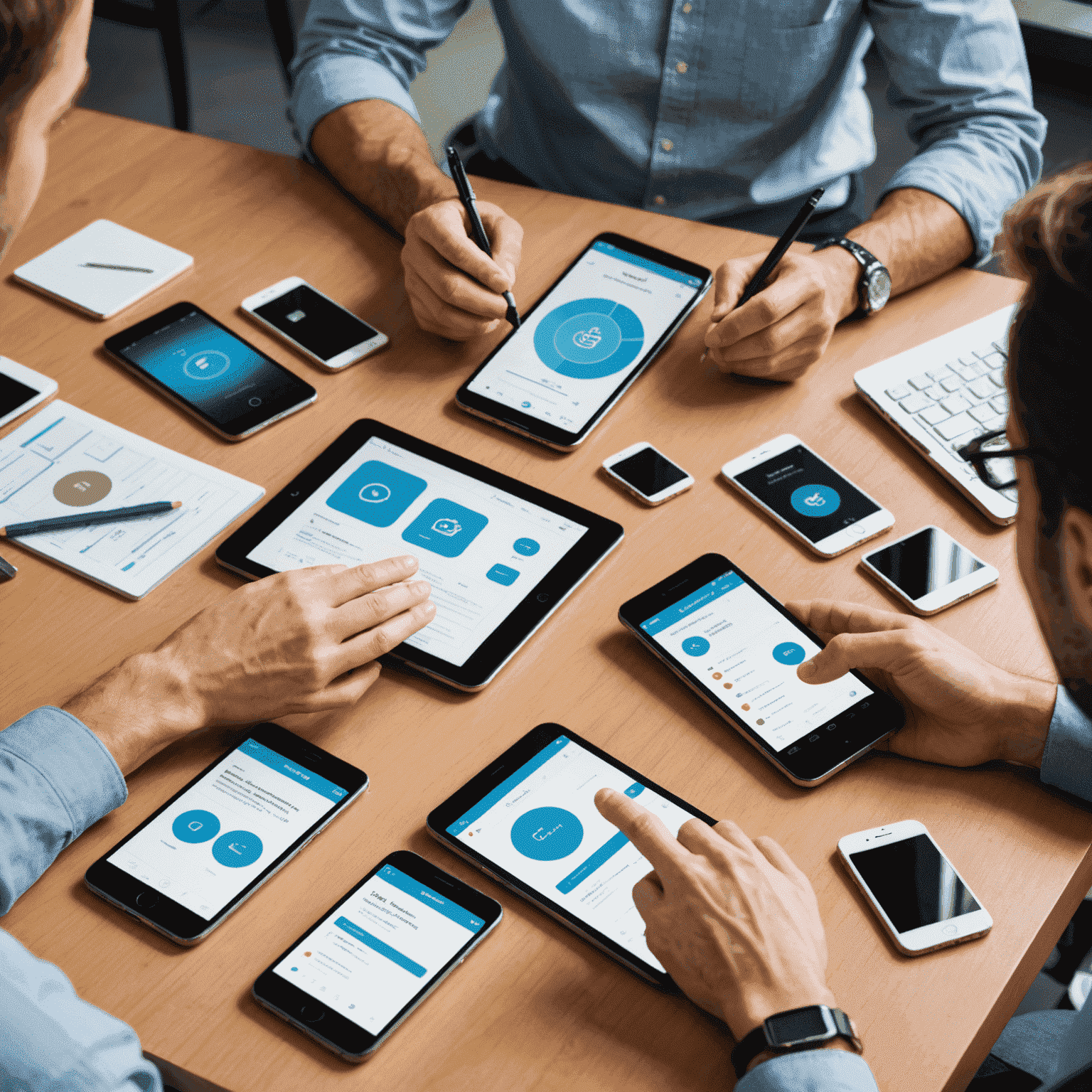 Various mobile devices being tested for app functionality, including smartphones and tablets of different sizes and brands. Testers are shown interacting with the devices, running tests, and analyzing results.