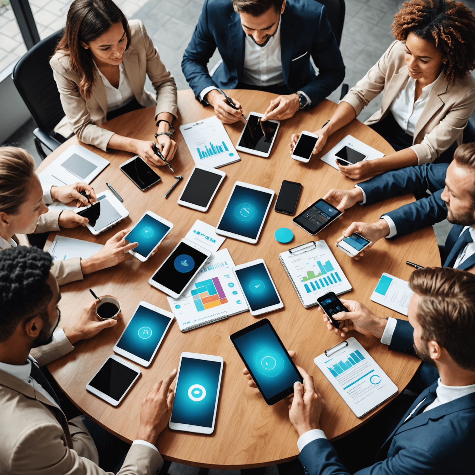 A group of diverse professionals discussing mobile strategy around a table with smartphones and tablets. The image conveys collaboration and innovation in mobile technology.