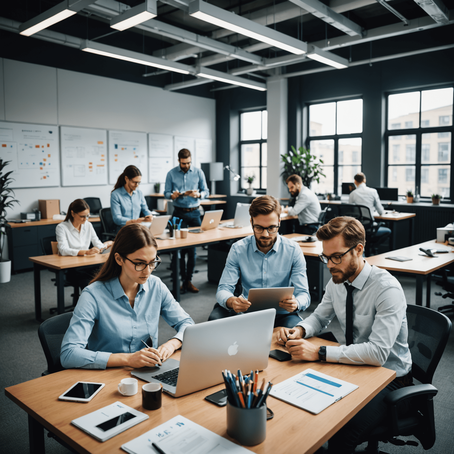 A team of mobile app testers working collaboratively in a modern office environment. They are using various tools and devices to conduct thorough quality assurance tests on mobile applications.