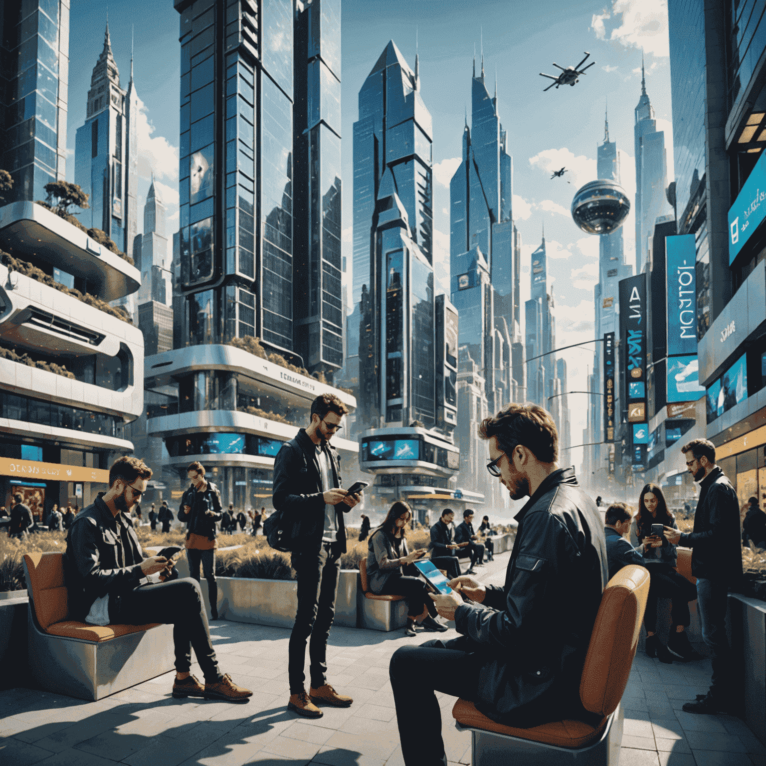 A futuristic cityscape with people using various mobile devices, showcasing the pervasive nature of mobile technology in modern life.