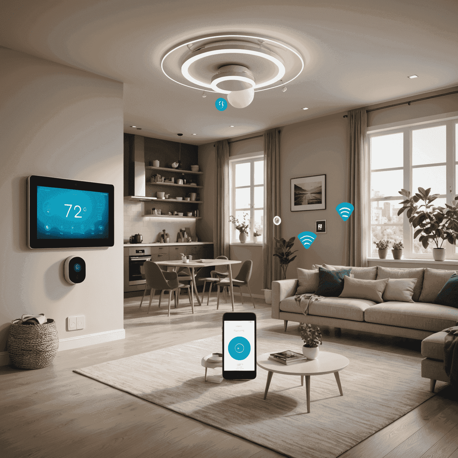 A smart home environment controlled by a smartphone, showing various IoT devices like thermostats, lights, and security cameras responding to mobile commands