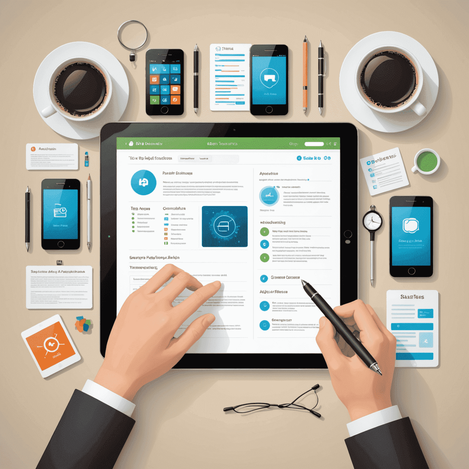 Various mobile devices displaying app testing processes, bug reports, and quality assurance tools