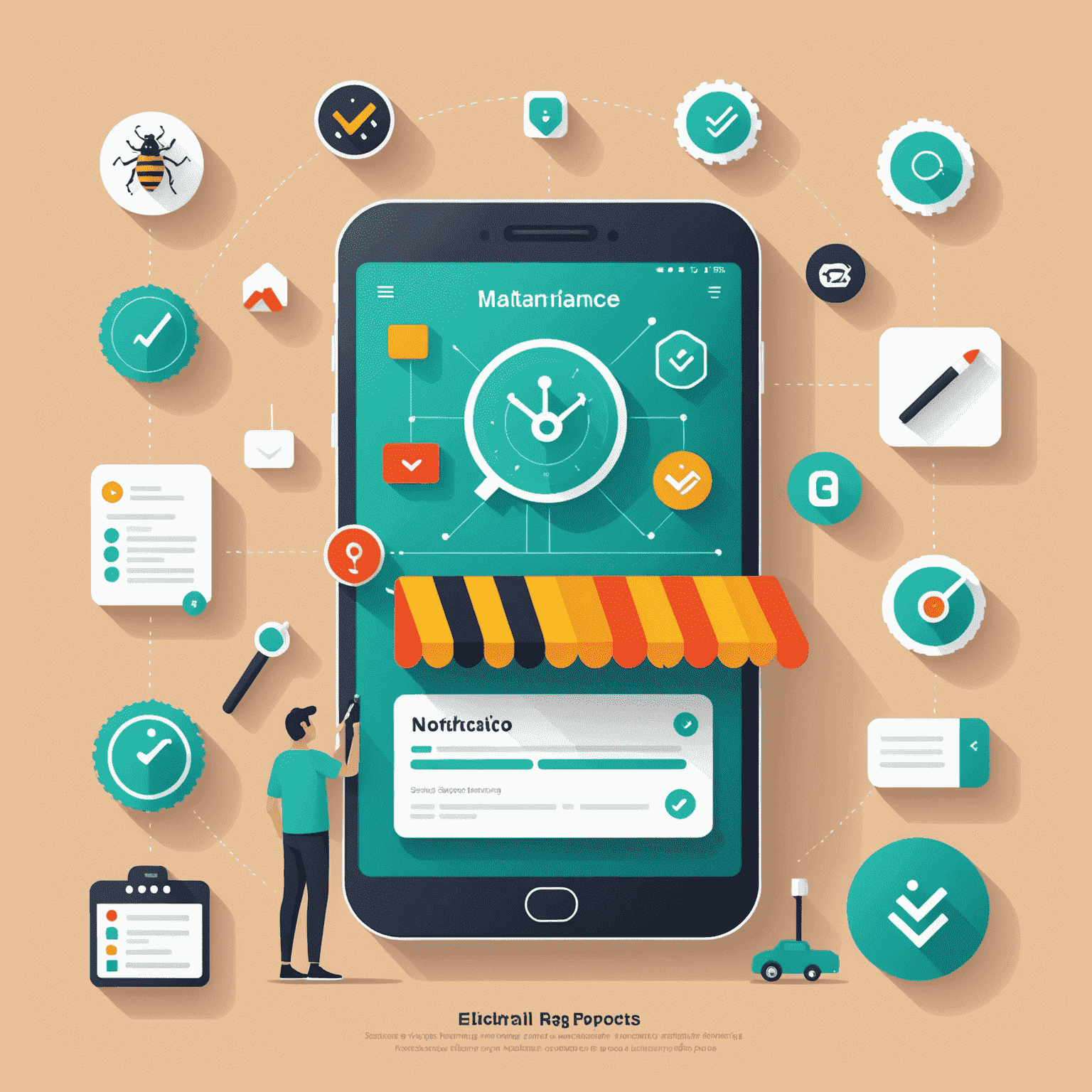 Illustration of app maintenance process, showing update notifications, performance monitoring, and bug fixing