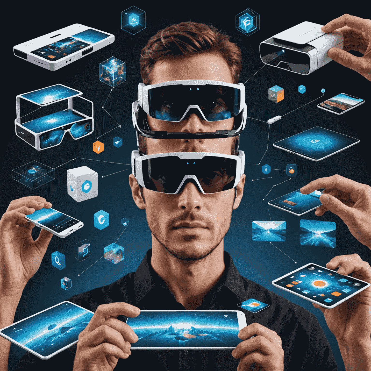 A futuristic collage of emerging mobile technologies, including AR glasses, foldable screens, and holographic displays.