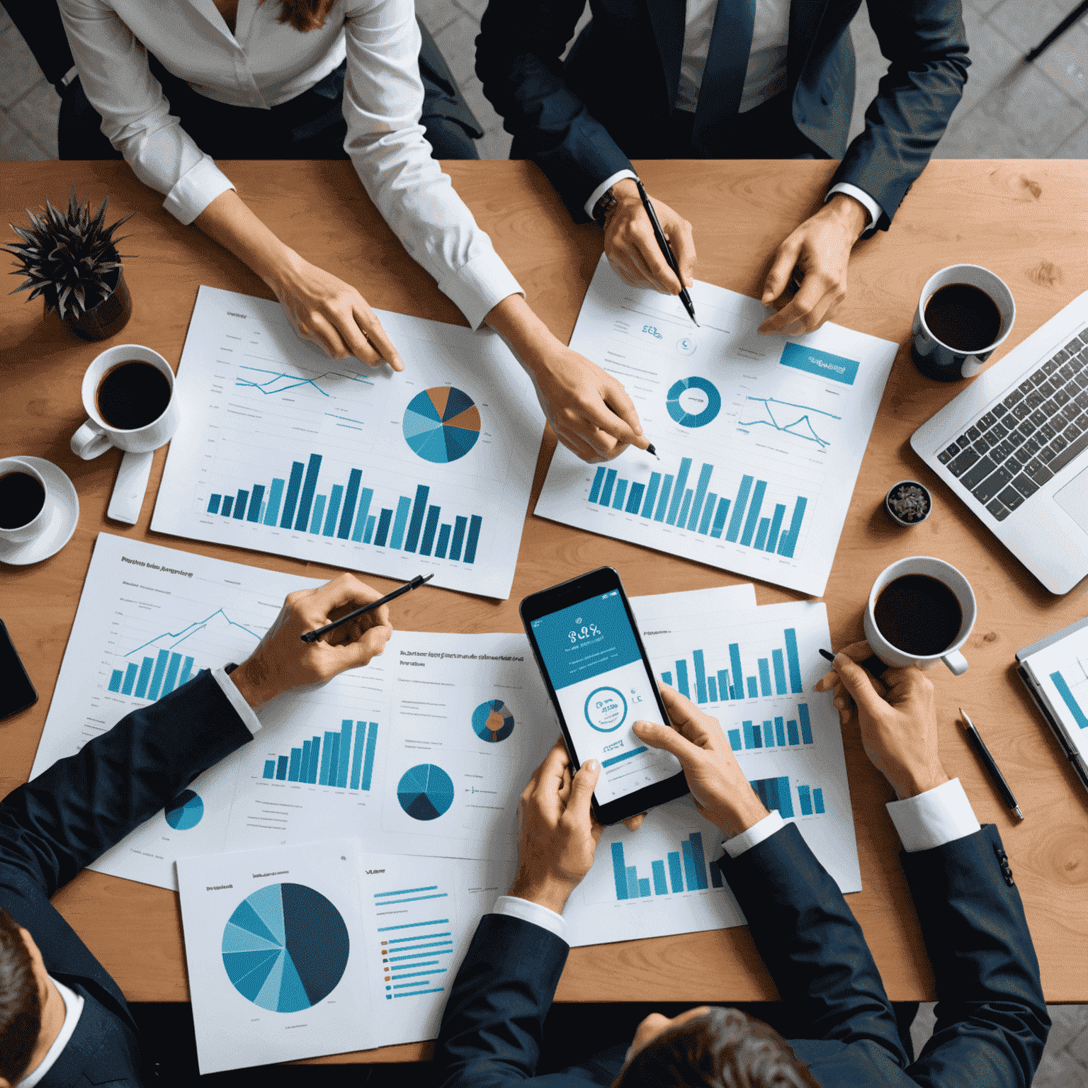 Business professionals discussing mobile strategy, with charts, graphs, and mobile devices on a table